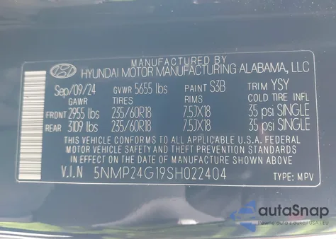 2025 Hyundai Santa Fe Hybrid Sel z USA, uszkodzony, nr VIN 5NMP24G19SH022404